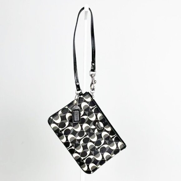 Coach Signature Monogram Black Gray White Canvas Patent Leather Zip Wristlet - Picture 3 of 13